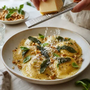 Ravioli di ricotta finiti con parmigiano e burro alla salvia