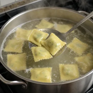 Ravioli freschi che cuociono in acqua salata