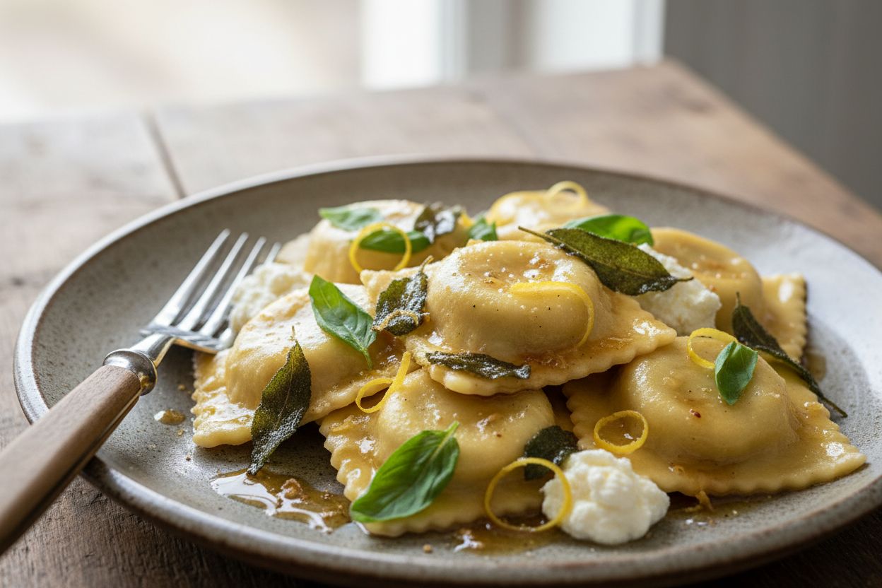 Ravioli ricotta e limone con basilico al burro e salvia