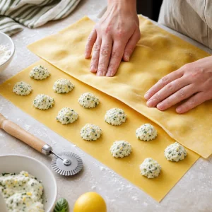 Mucchietti di ripieno ricotta e basilico sigillati tra sfoglie di pasta