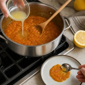 Zitronensaft wird in Sanddornmarmelade gerührt, daneben ein Test auf einem kalten Teller.