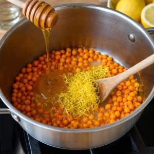 Sanddornbeeren mit Honig und Zitronenschale in einem Topf vermischt.
