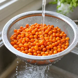 Sanddornbeeren werden in einem Sieb unter kühlem Wasser abgespült.