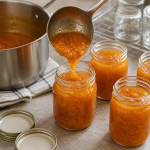 Dicke Sanddornmarmelade wird in sterilisierte Gläser gefüllt.