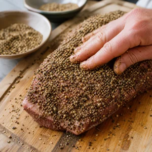 Gepokelte Brust grosszugig mit grobem Pfeffer Koriander Rub bedeckt