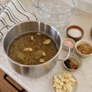 Pastrami Lake kocht mit Salz braunem Zucker Gewurzen und Knoblauch