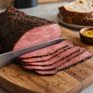 Geruhtes gerauchertes Pastrami sehr dunn gegen die Faser auf Holzbrett geschnitten
