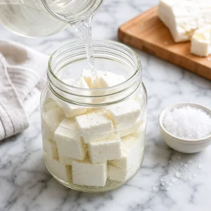 Feta cubes placed in a glass jar and covered with salt brine
