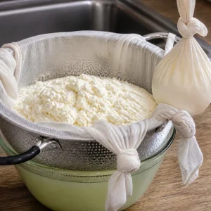 Feta curds draining in a cheesecloth-lined colander
