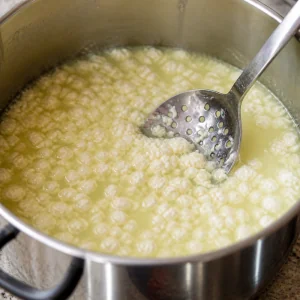 Feta curds gently stirred in whey to firm their texture
