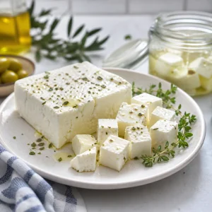 Homemade feta cheese cubes in brine on a Mediterranean kitchen counter