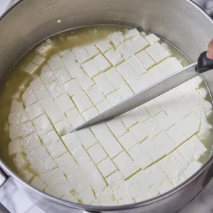Set feta curd cut into small cubes with a long knife