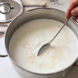 Starter culture sprinkled over warm milk for homemade feta