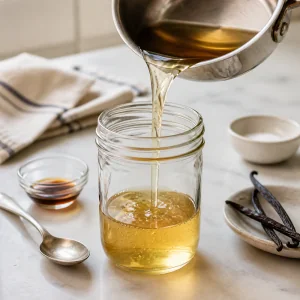 Cooled vanilla syrup poured into a glass jar