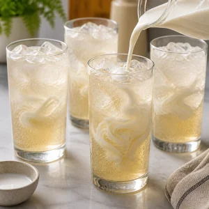 Cream poured into a fizzy vanilla soda to make a pale swirl