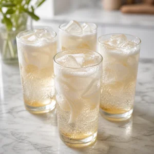Refrescos cremosos de vainilla terminados en vasos altos con hielo y remolinos de nata
