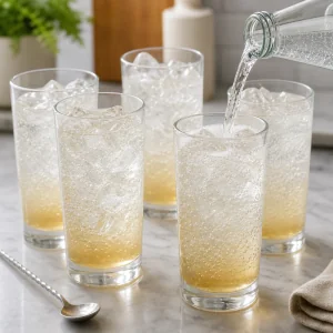 Sparkling water poured into ice-filled glasses with vanilla syrup