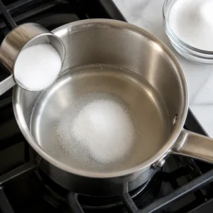 Sugar and water in a small saucepan for vanilla syrup
