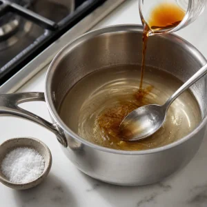 Vanilla extract being stirred into warm simple syrup with salt nearby
