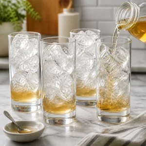 Vanilla syrup being poured into tall glasses filled with ice