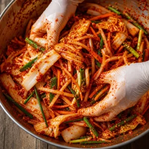 Капуста, дайкон, морковь и лук в пасте кимчи
