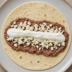 Formaggio sbriciolato e crema sopra i fagioli su una tortilla