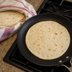 Tortilla di farina scaldata in padella asciutta accanto a un canovaccio