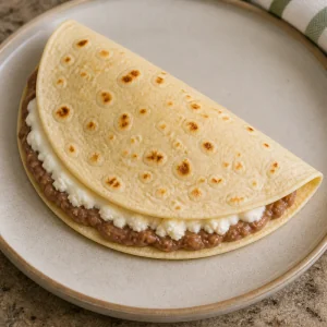 Baleada piegata con fagioli, formaggio e crema visibili sul bordo