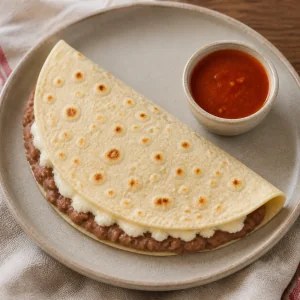 Baleada piegata calda servita con salsa piccante rossa
