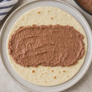 Fagioli refritti caldi spalmati al centro di una tortilla