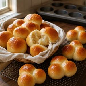 Cloverleaf rolls cooling on a rack and in a basket