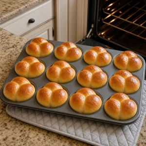 Golden baked cloverleaf rolls in the muffin pan