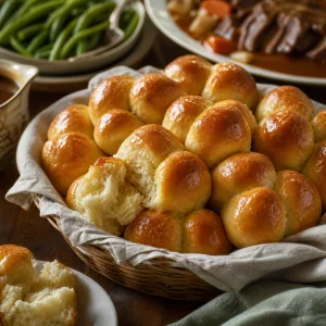 Golden cloverleaf rolls in a cloth-lined basket