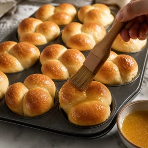 Honey butter brushed onto hot cloverleaf rolls