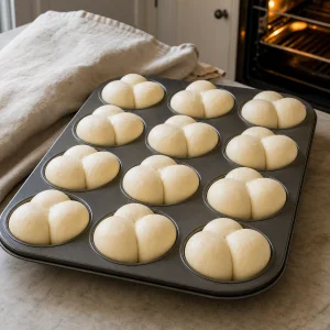 Puffy unbaked cloverleaf rolls in a muffin pan