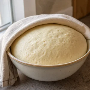 Risen dough doubled in a covered bowl
