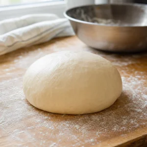 Smooth kneaded dough on a floured work surface