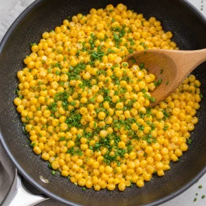 Chives folded into glossy cooked corn