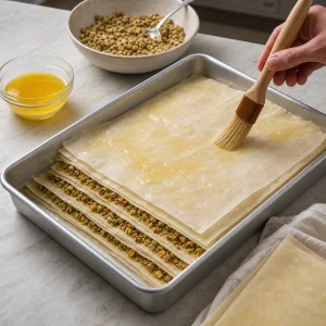 Alternating phyllo and nut layers assembled in the pan.