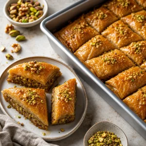 Finished honey baklava with walnuts and pistachios.