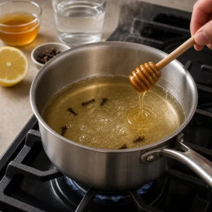 Honey syrup simmering with lemon and cloves.