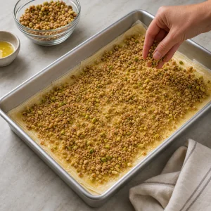 Nut mixture sprinkled over buttered phyllo.