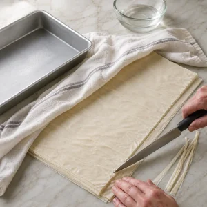 Phyllo dough trimmed beside a damp towel.