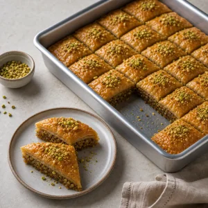 Set baklava pieces served with pistachio garnish.