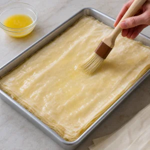 Top phyllo sheets brushed with melted butter.
