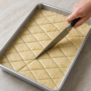 Unbaked baklava cut into diamond shapes.