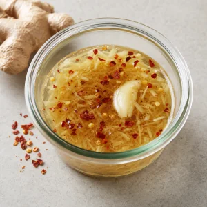 Zenzero grattugiato aglio schiacciato e peperoncino mescolati nel liquido
