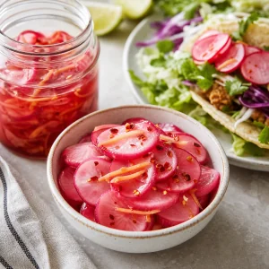 Honey ginger quick pickled radishes with chili flakes in a bowl and jar