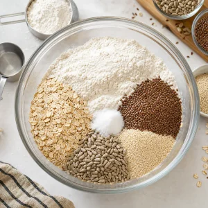 Bread flour oats sunflower flax and sesame seeds combined in a mixing bowl