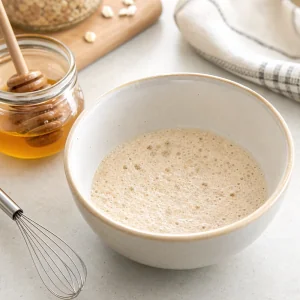 Foamy yeast blooming in warm honey water in a small bowl